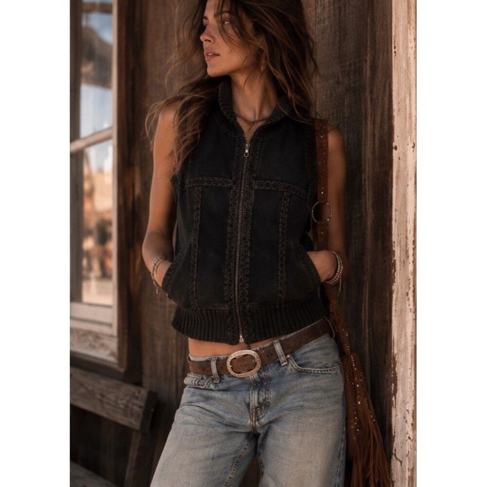 Kikit Black Leather Ramie Knit Zip Vest Women’s L Suede Mixed Media Ribbed Y2K